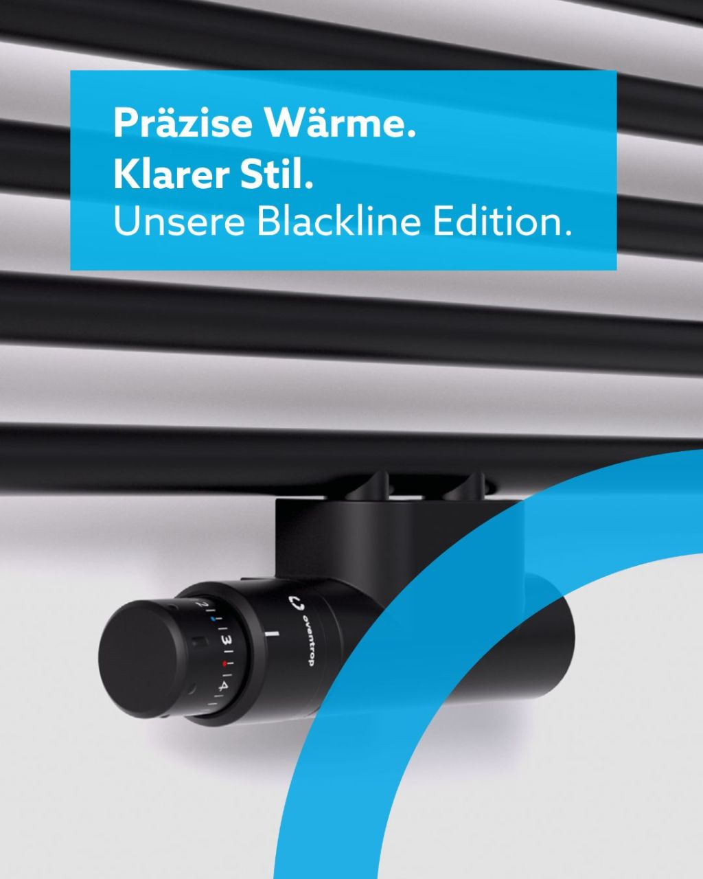 Oventrop Blackline Edition: mattschwarzer Heizkörper-Thermostat und Multiblock T an einem schwarzen Heizkörper